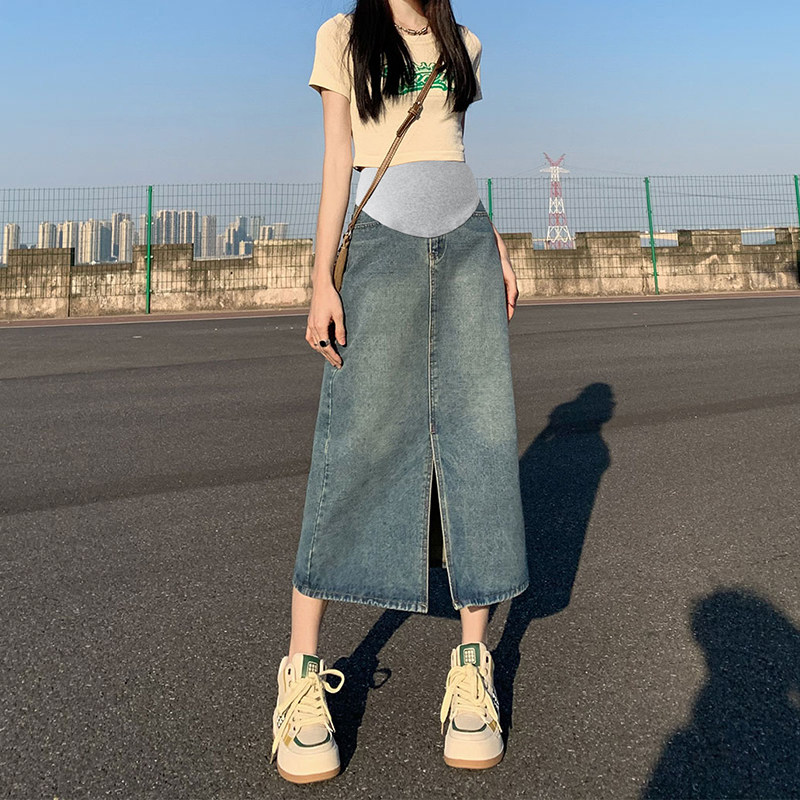 孕妇裙子夏季女显瘦开叉牛仔a字半身F裙夏百搭中长款外穿托腹宽松