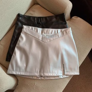 不规则开叉银色半身裙女秋季高腰显瘦辣妹包臀皮裙a字裤子超短裙