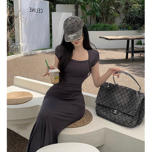 孕妇连衣裙夏季新款棉质显瘦鱼尾长裙潮妈气质休闲紧W身咖色裙夏