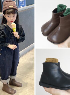 女童靴子2023春秋冬儿童公主短靴女宝宝童鞋软底小童马丁靴真皮靴