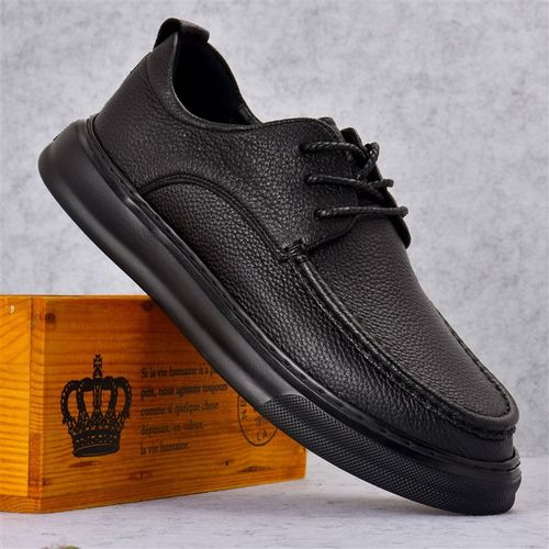 春秋夏新款透气男鞋牛皮休闲鞋皮鞋系带真皮厚底轻便实心橡胶软底