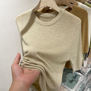 纯色百搭修身 针织K衫 2024春秋新款 软糯薄款 上衣 女圆领打底衫 中袖