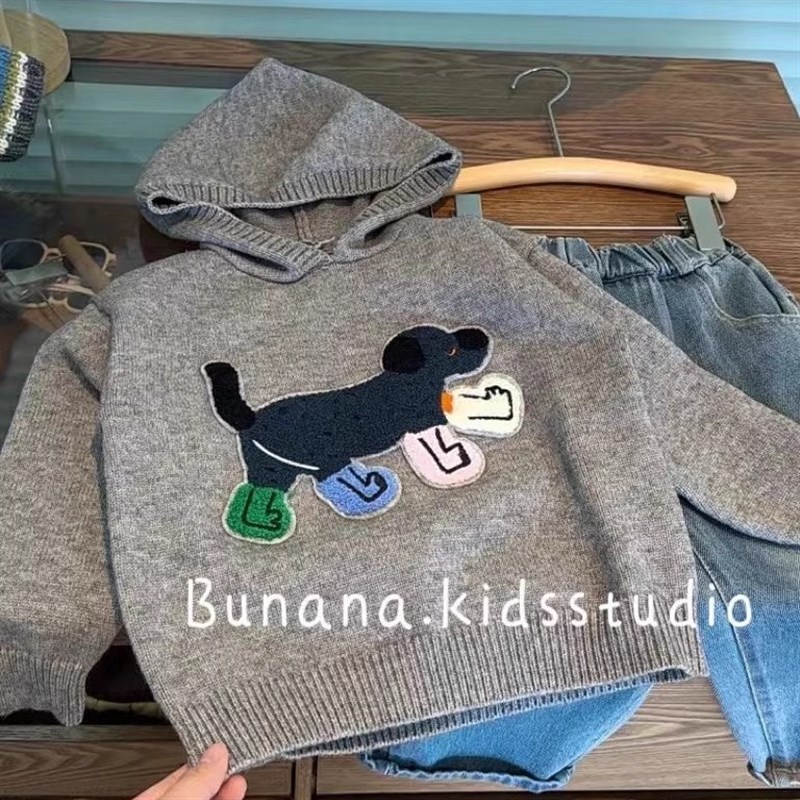 2025韩国秋冬新品洋气儿童毛衣连帽卡通宽松男女童长袖针织衫上衣