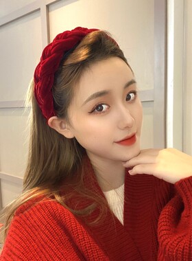 新年红色系圣诞复古褶皱丝绒发箍甜美百搭优雅宽边头箍少女头饰女