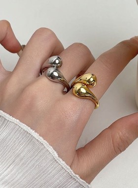 法式复古小众设计极简光面水滴开口戒指女网红2024新款高级感指环