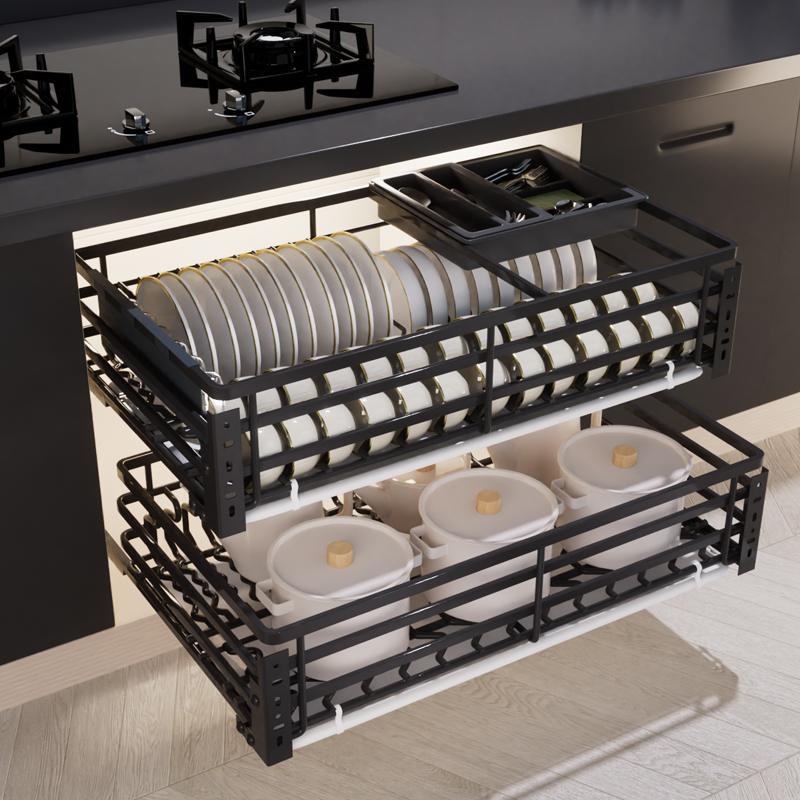 拉篮厨房橱柜双层调味拉蓝304不锈钢碗柜轨道滑轨碗碟抽屉式碗篮