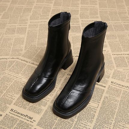 真皮高跟马丁f靴女2024年新款秋冬季英伦风粗跟厚底春秋瘦瘦短靴