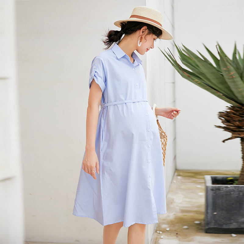 孕妇连衣裙夏装气质宽松大码夏季高级孕妇装不显S怀遮肚职业衬衫