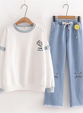 初中女生春季宽松直筒牛仔阔腿裤中学生百搭松紧腰少女长裤高中生