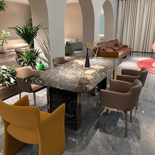 定制现代简约奢石餐桌意式极简高级感大理L石铂金钻餐台家用饭桌