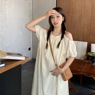 大码胖妹妹mm宽松露肩气质中长款法式泡泡短袖雪纺连Y衣裙女夏裙