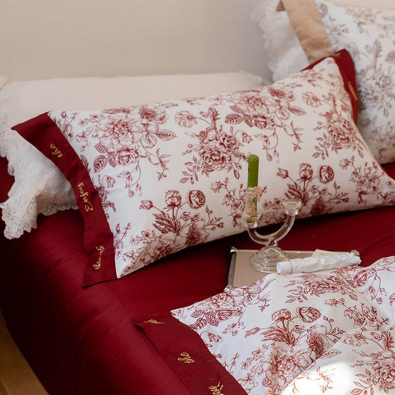法式100支长绒棉四件套婚庆纯棉刺绣被套红色喜庆全棉床单1.8床品