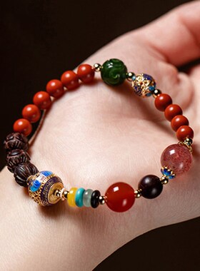 朱砂手链8毫米单圆DIY多宝模式的妇女草莓水晶小叶玫瑰木多宝手链