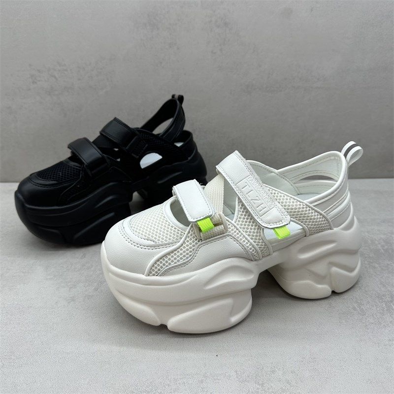 断码处理2024夏款真皮女鞋松糕底增高魔术贴圆头网布透气休闲凉鞋