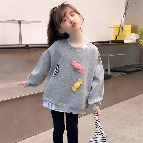 女童卫衣春秋季2024新款小女孩灰色长袖时尚中长款儿童休闲上衣潮