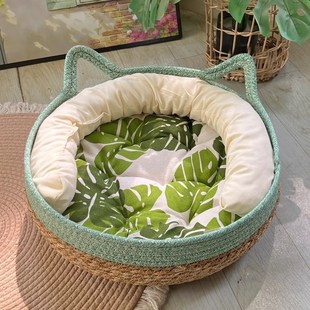 通用夏天凉窝藤编筐猫抓B板手工编织睡觉可拆洗夏季 猫窝四季 猫咪