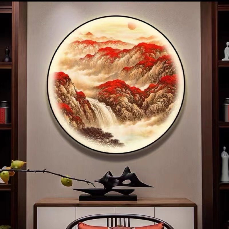 鸿运当头玄关装饰画带灯新中w式圆形茶室背景墙灯画办公室山水挂