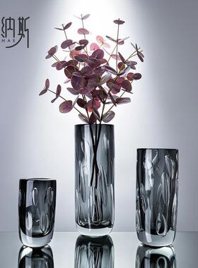 现代水晶绿色厚重仿真花水培玫瑰百合玻璃花瓶样板房客厅家居饰品