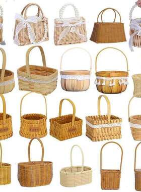 篮子手提竹编织花篮插花竹编篮花盆小提篮草编花童藤编包邮