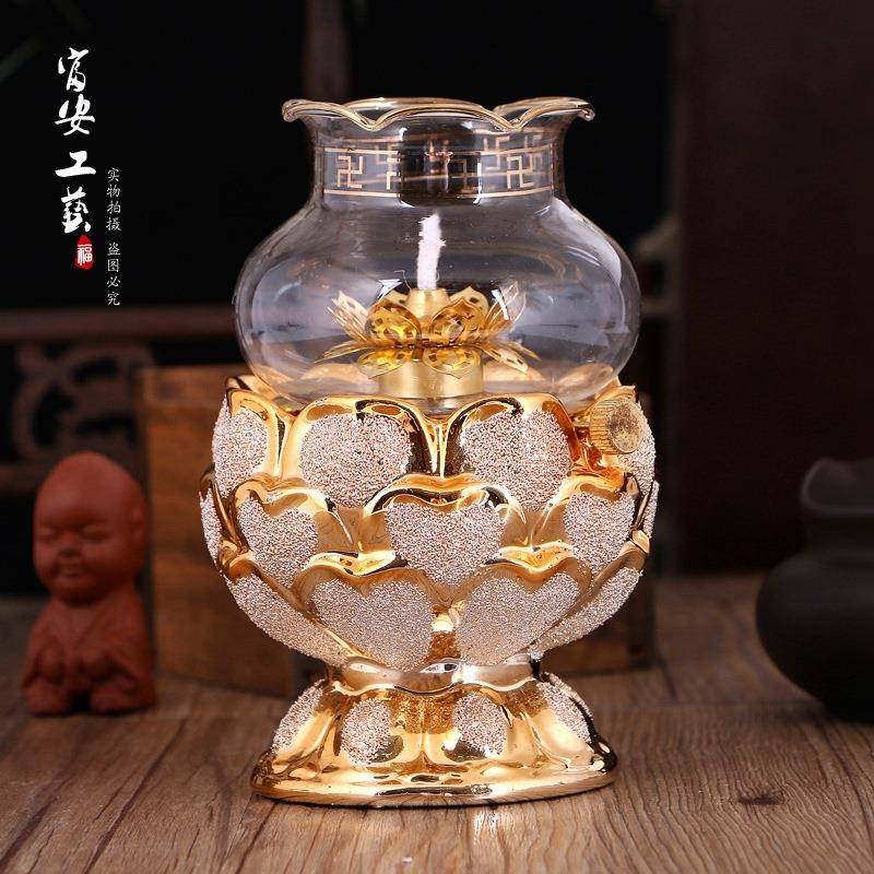 供灯陶瓷镀金沙莲花液体酥油灯陶瓷供灯直销金色玻璃灯罩