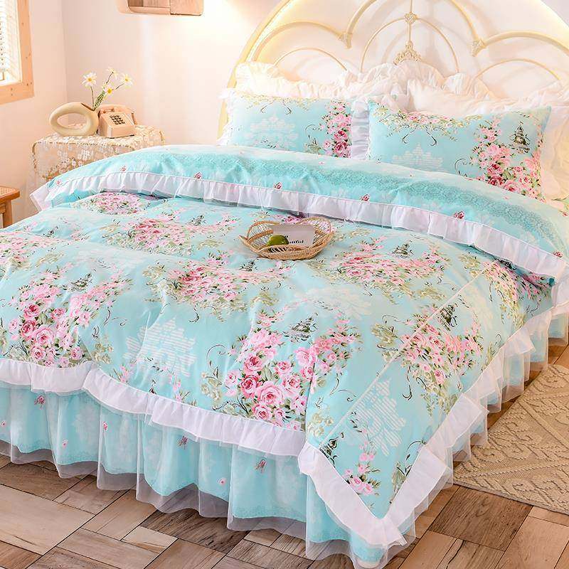 1VPR纯棉韩版公主风夏四件套蕾丝花边被套床单床裙婚庆粉韩式