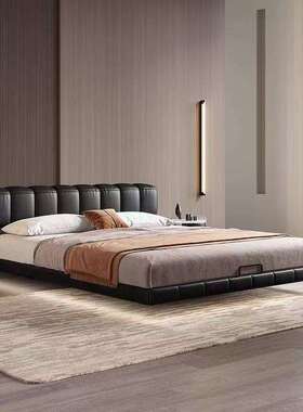 意式轻奢真皮床极简悬浮床1.8米黑色豆腐块现代主卧床1.5米泡芙床