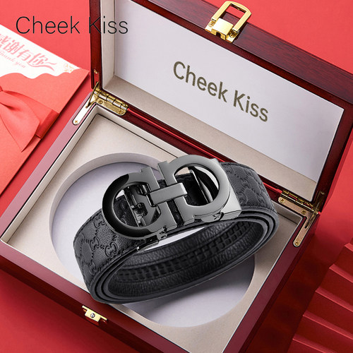 Cheek Kiss牛皮革自动扣高级压纹带身奢华合金商务百搭皮带礼盒