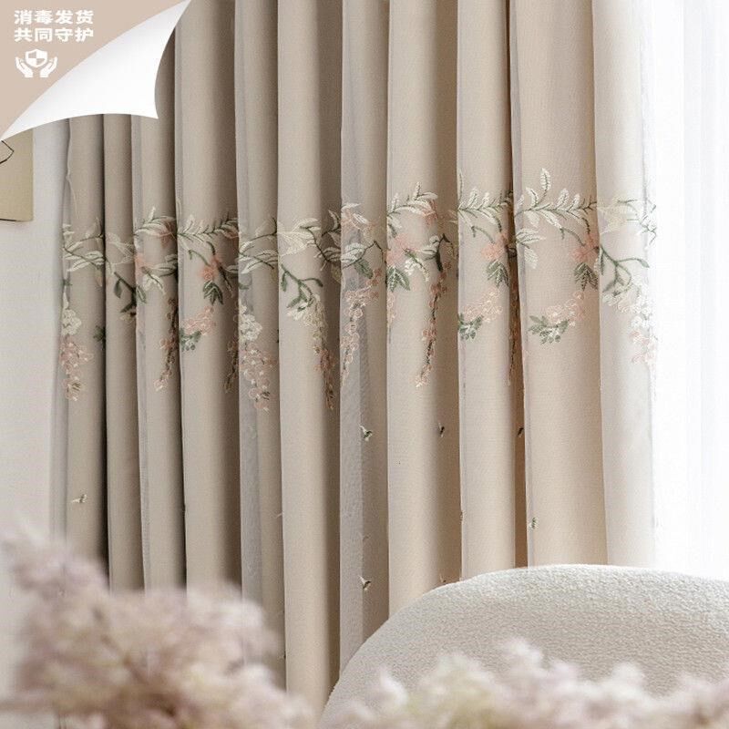 小清新田园风双层窗帘布纱一体新款卧室客厅遮光绣花飘窗纱少女心