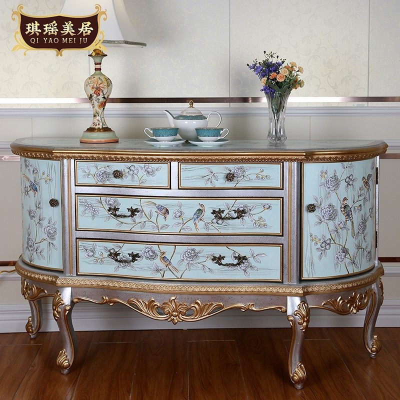 欧式香槟色玄关柜法式半圆装饰柜卧室电视柜美式花鸟彩绘餐边柜