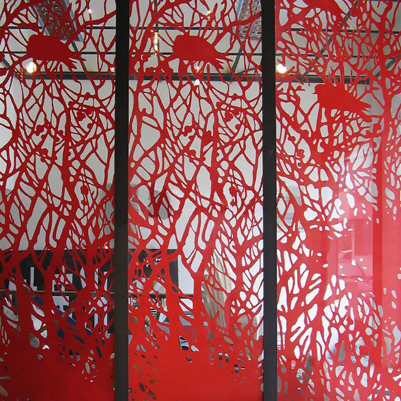 钢化艺术玻璃玄关双面隔断屏风透明亮底红色静谧手工雕欧式抽象树
