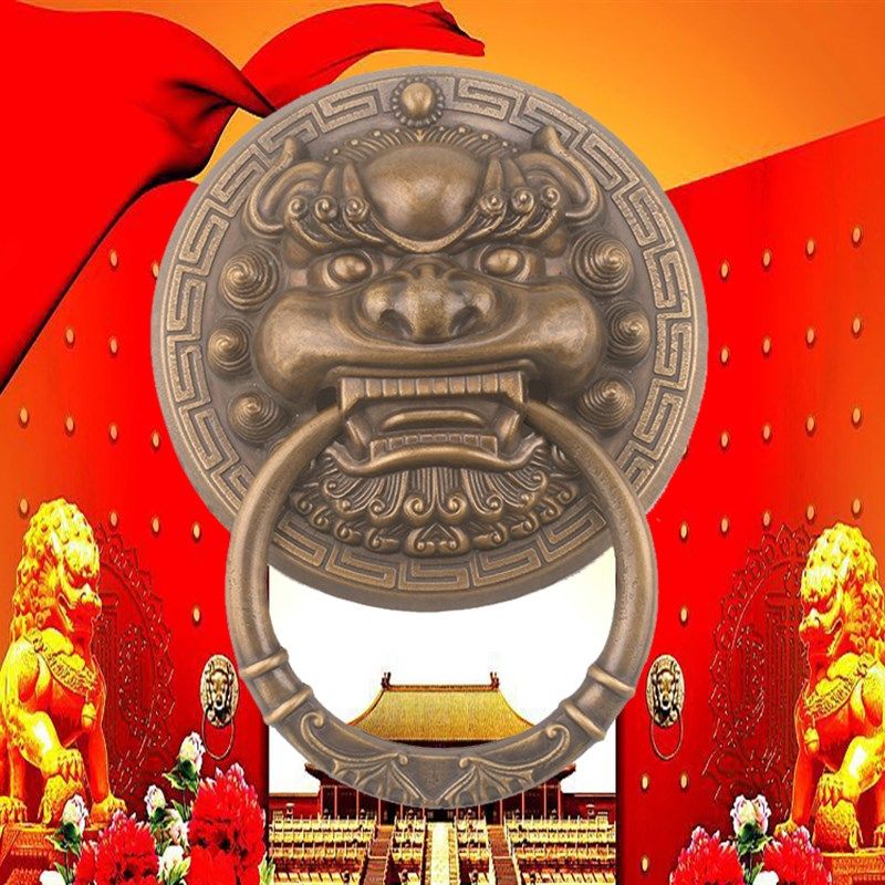 仿古大门纯铜拉手中式虎头麒麟兽头门把手老式木门拉环狮子头门环