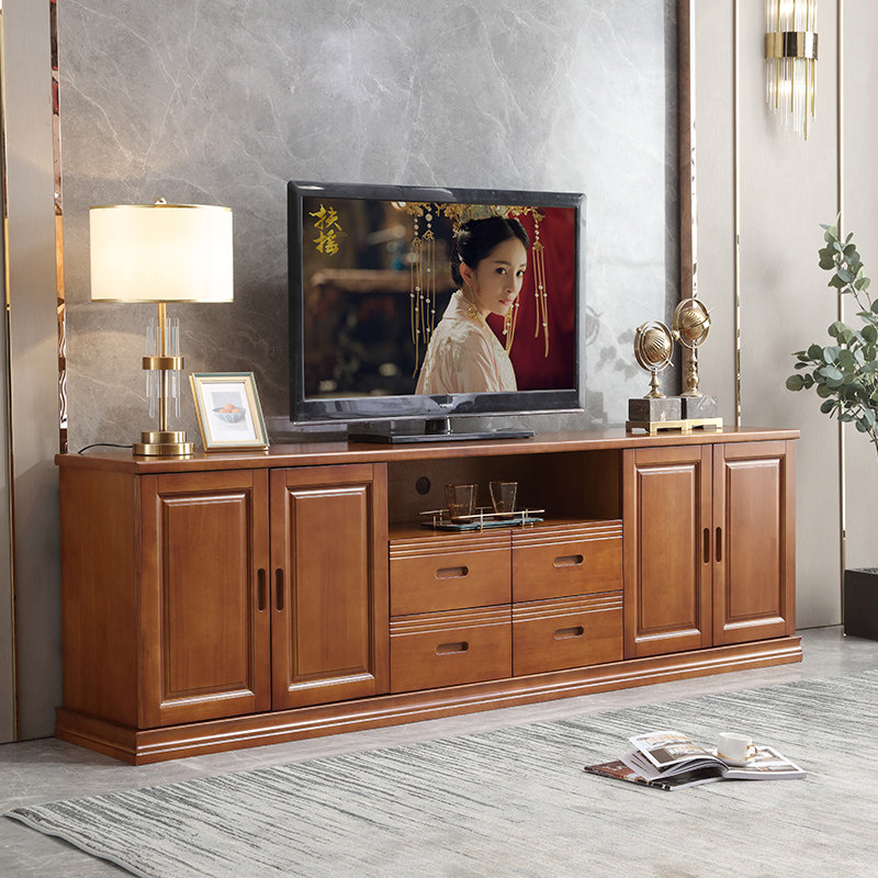 中式实木电视客厅卧室抽屉影视柜大容量储物高柜2.2米加高背景柜