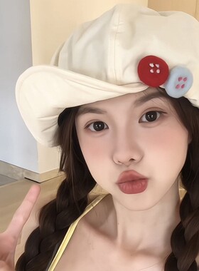 春夏原创日系复古棉麻八角帽女百搭彩色毛毡纽扣画家帽文艺贝雷帽