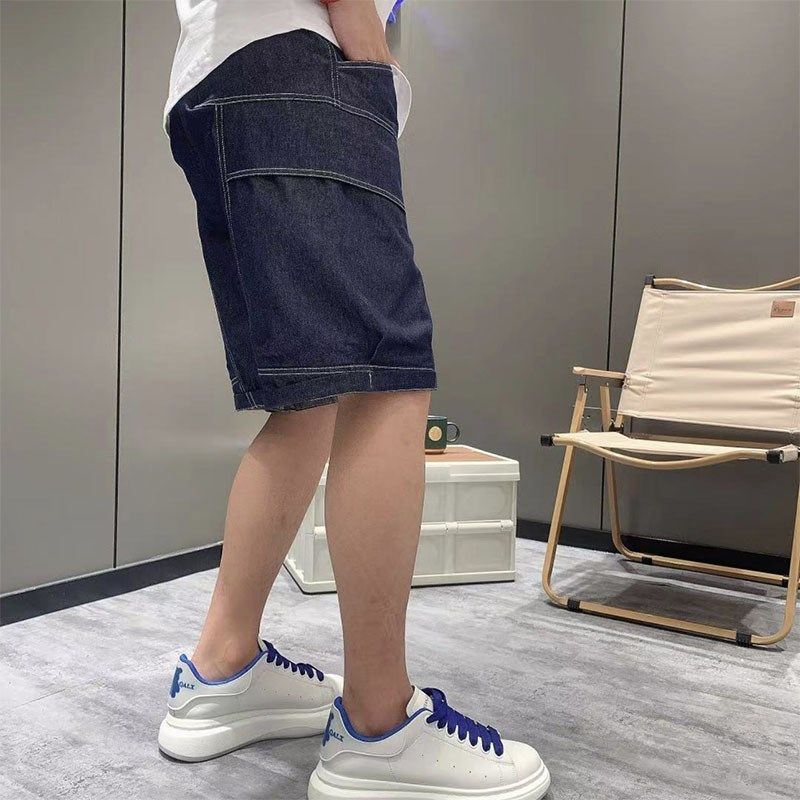 夏季蓝色牛仔短裤男士流行新款明线宽松直筒裤子青年工装风五分裤