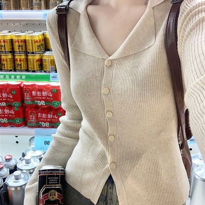 polo翻领针织开衫上衣秋冬季小个子短款修身百搭内搭毛衣女打底衫