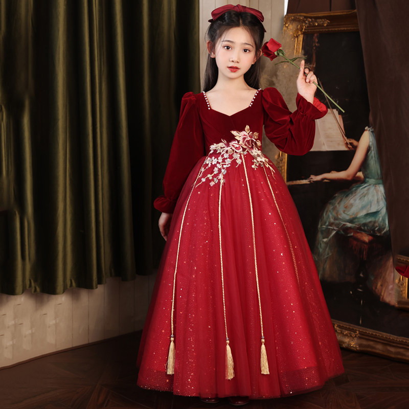 红色女童礼服秋冬轻奢小众高端钢琴主持人婚礼花童十岁生日公主裙