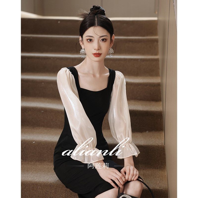 晚礼服裙女轻奢小众高端高级感黑色小个子年会主持人订婚日常可穿