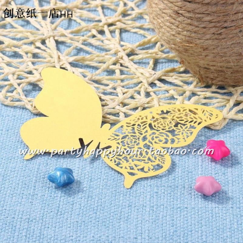 欧式蝴蝶镂空纸杯卡 婚庆装饰珠光纸酒杯插卡 席位卡 名字牌50枚