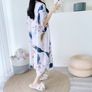 夏季开衫加大码棉绸加长睡裙短袖裙睡衣宽松孕妇胖MM200斤家居服
