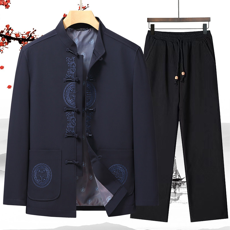 唐装男中国风夹克套装老人生日祝寿春秋季中老年大码红色男装外套