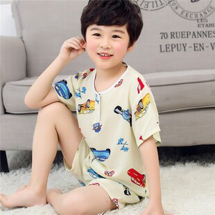 男童女童男孩中大童宝宝绵绸家居服套装 短裤 儿童棉绸睡衣短袖 夏季
