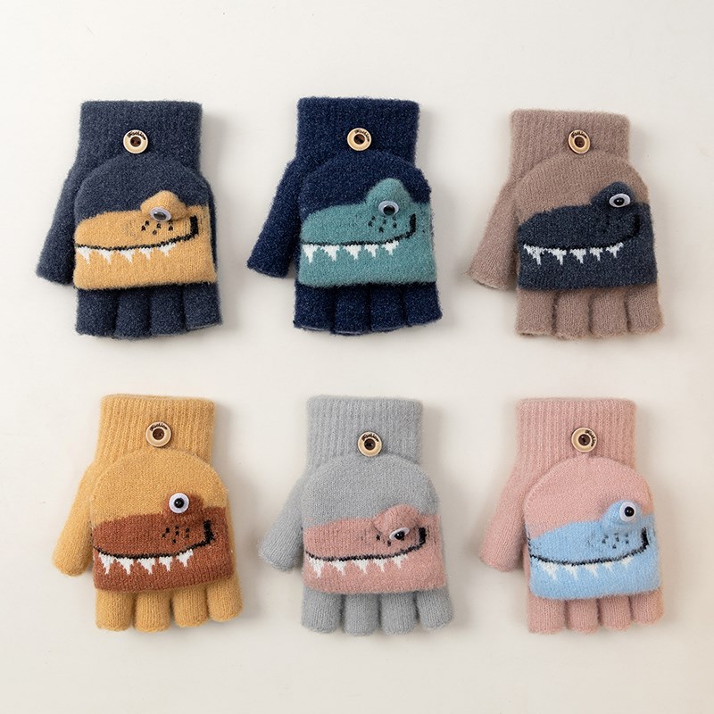 牧萌儿童手套男童女孩秋冬季加厚保暖学生写字翻盖两用半指手套