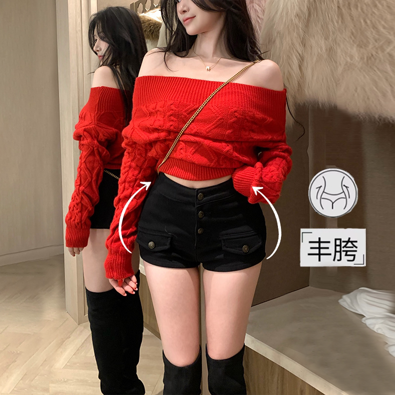 性感时髦丰胯加绒牛仔短裤女2026年冬季黑色高腰紧身显瘦多扣热裤