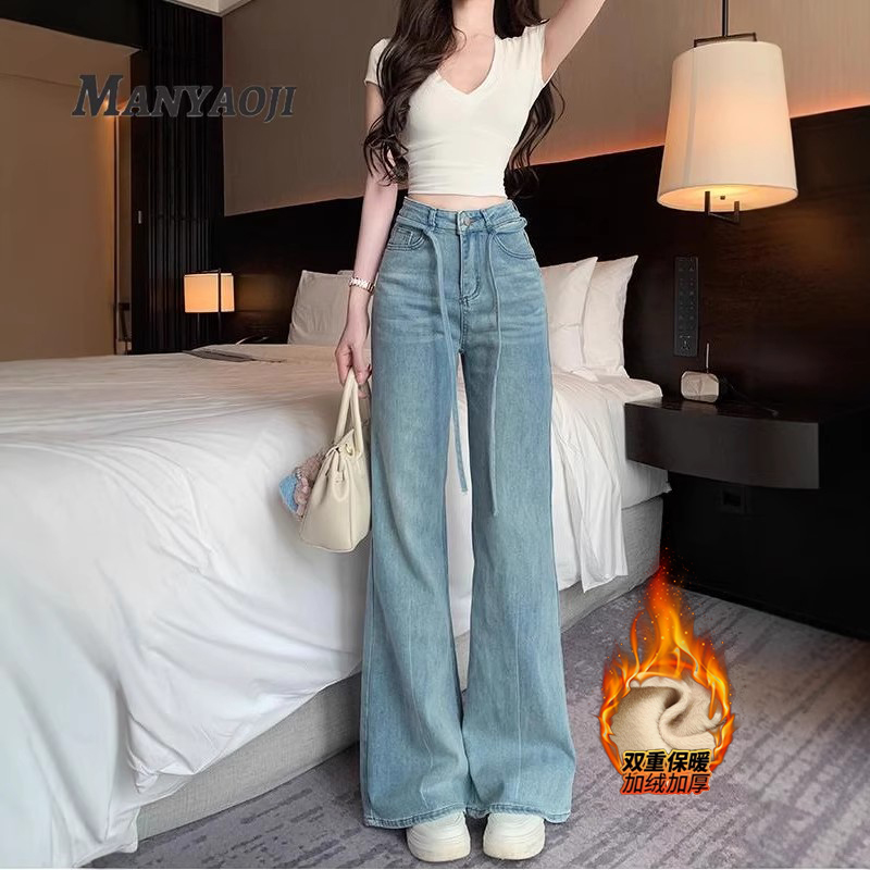 设计感抽绳高腰不贴腿微喇裤女