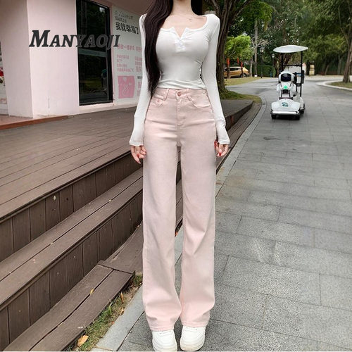 粉色窄版直筒牛仔裤女