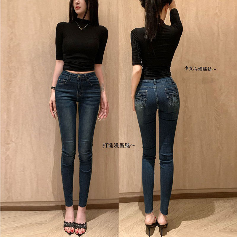 紧身蝴蝶结少女小脚裤女2026夏季新款高腰翘臀弹力显瘦铅笔牛仔裤