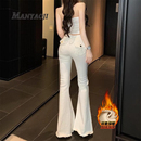 提臀毛边长裤 加绒高腰修身 2025冬季 白色蝴蝶结少女微喇叭牛仔裤