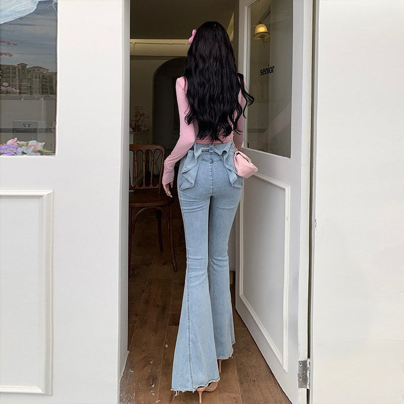 亦菲同款立体蝴蝶结牛仔裤女2026夏款欧若风高腰显瘦翘臀喇叭裤子