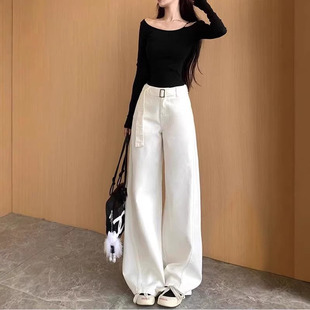 宽松百搭垂顺长裤 新款 女2026夏季 设计感腰带白色高腰阔腿牛仔裤