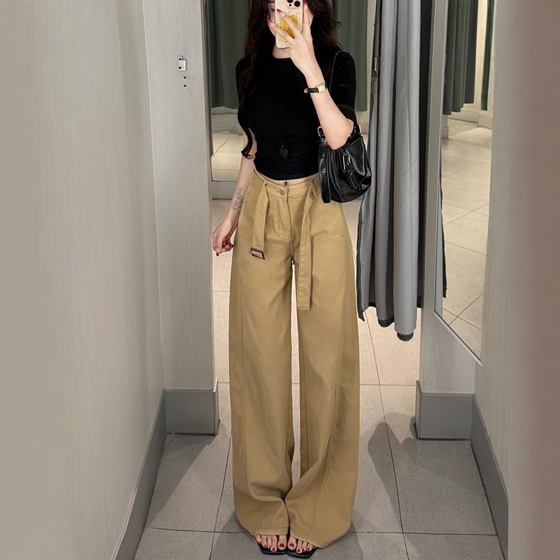 卡其腰带高腰阔腿牛仔裤女2025夏季新款慵懒休闲宽松百搭拖地裤
